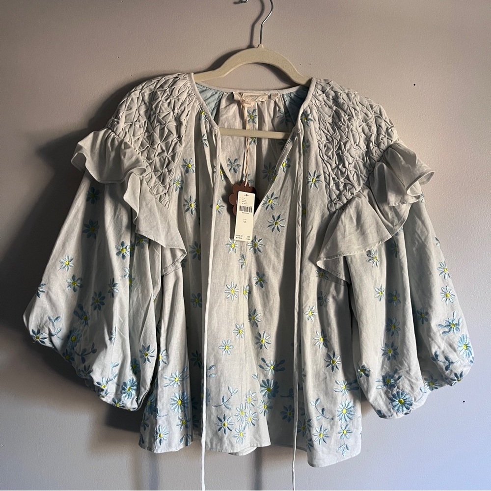 NWT Forever That Girl Ruffle-Sleeve Smocked Linen Blouse - Picture 5 of 10